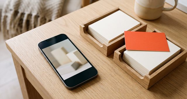 Ein Smartphone mit einem Formular neben zwei Ablagen mit sortierten Karteikarten
