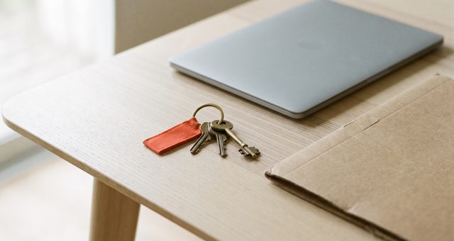 Ein Schlüsselbund neben einem geschlossenen Laptop und einer Mappe