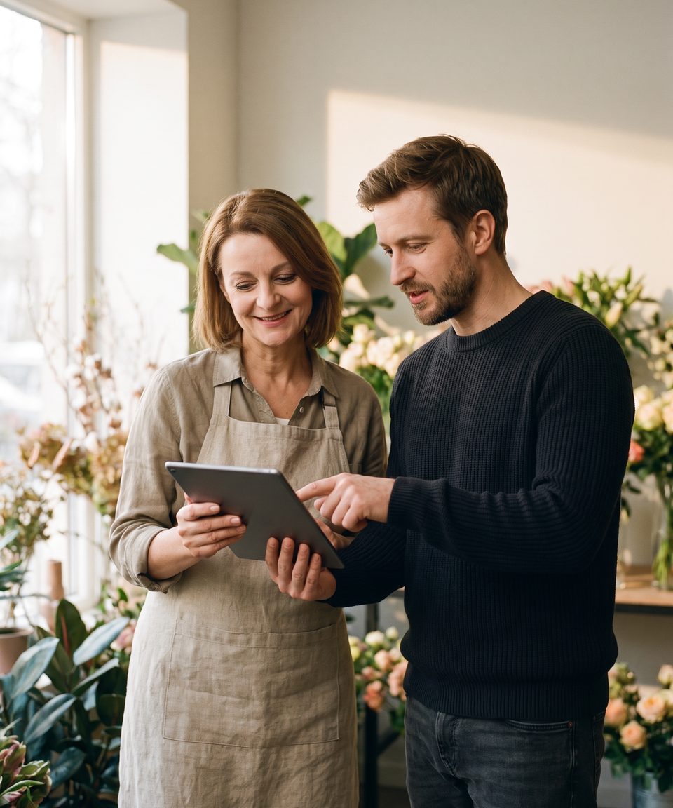 Zwei Personen besprechen an einem Tablet einen Ablauf in einem Blumengeschäft